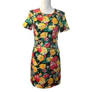 Valentino Roma 100% Silk Short Sleeve Floral Rose Print Sheath Back Zip Dress